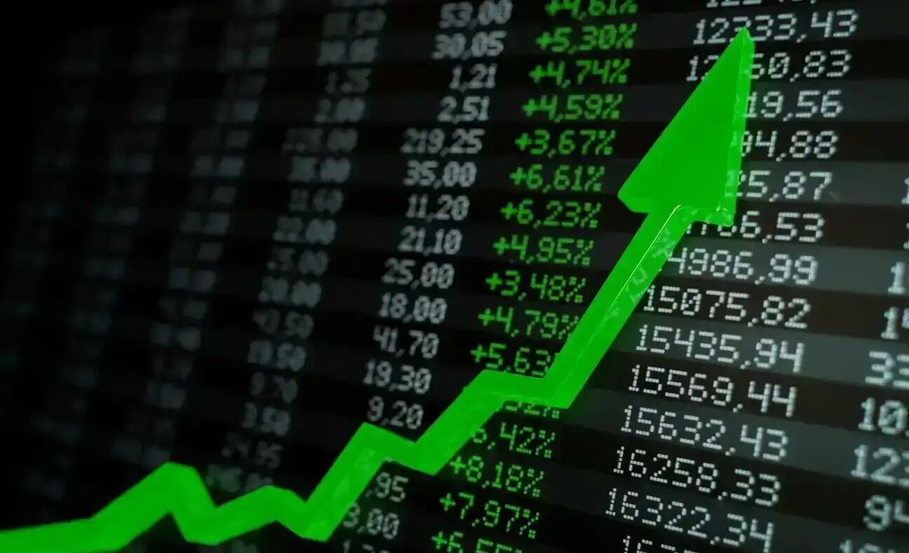 Stock market boom, financial gains, safe investment concept. Green arrow soaring over financial figures. Digital 3D render.