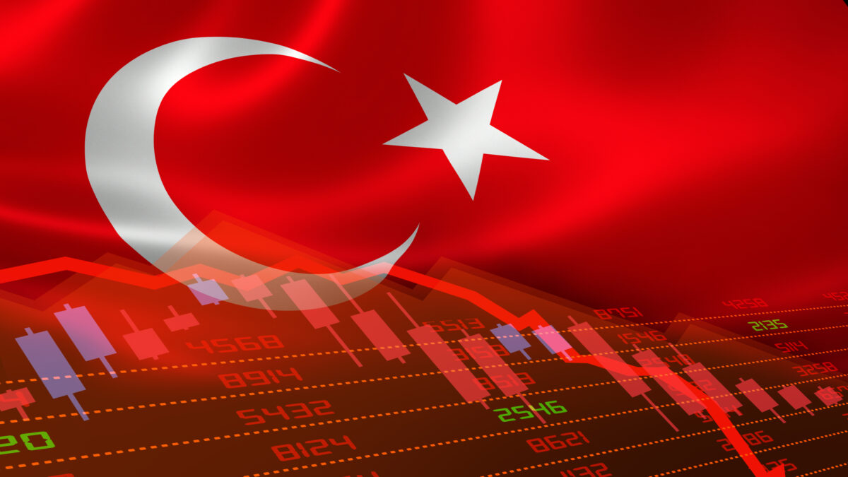 Turkey economic downturn with stock exchange market showing stock chart down and in red negative territory. Business and financial money market crisis concept caused by Covid-19 or other catastrophe.