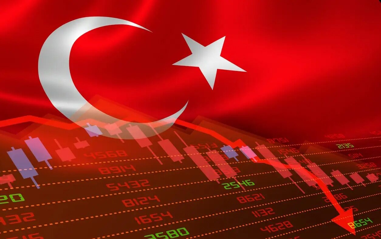 Turkey economic downturn with stock exchange market showing stock chart down and in red negative territory. Business and financial money market crisis concept caused by Covid-19 or other catastrophe.