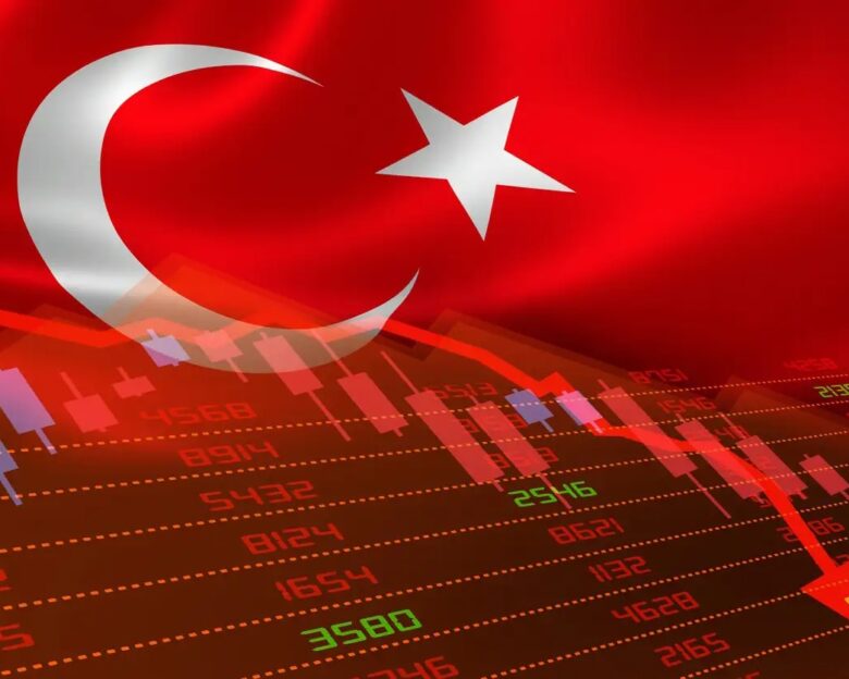 Turkey economic downturn with stock exchange market showing stock chart down and in red negative territory. Business and financial money market crisis concept caused by Covid-19 or other catastrophe.