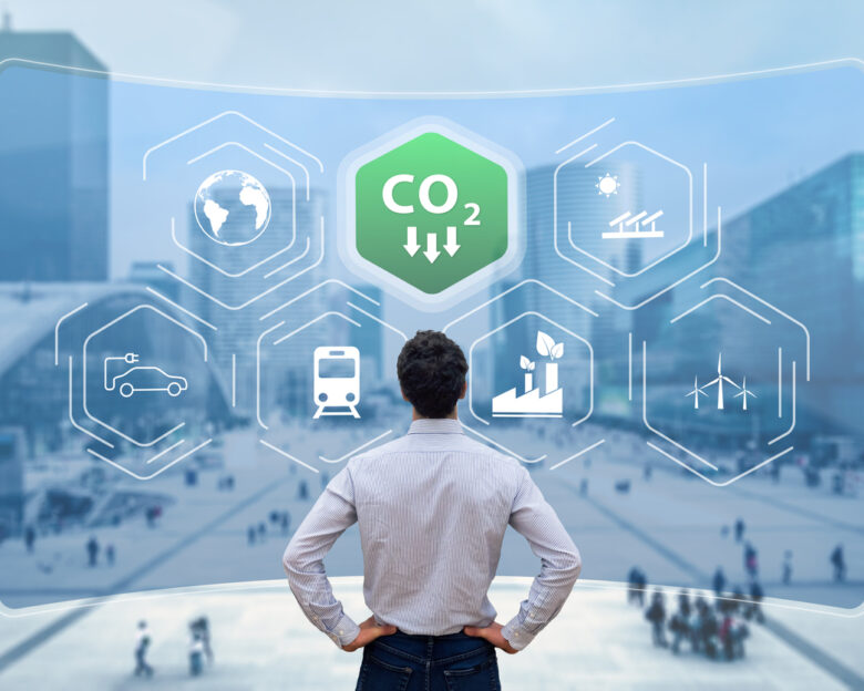 Reduce Carbon Dioxide Emissions to Limit Global Warming and Climate Change. Commitment to Paris Agreement to Lower CO2 levels with Sustainable Development as Renewable Energy and Electric Vehicles