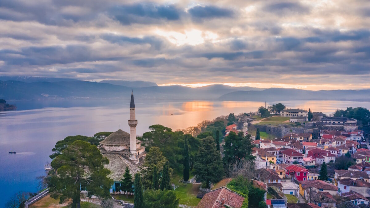 Aerial view of Ioannina city in Greece, Aslan Pasha Tzami, the lake with the island of Kyra Frosini or nissaki.