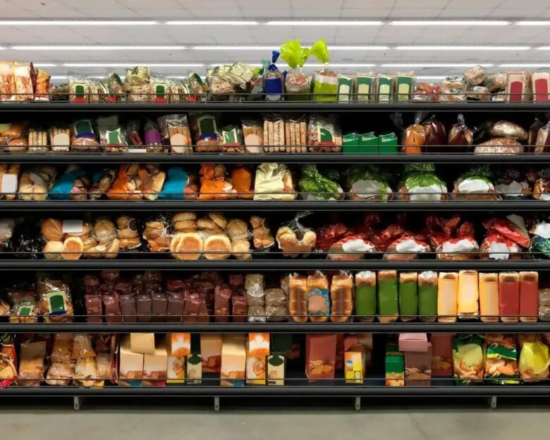 Various Bread Type On Shelf. Bread stacked on supermarket shelves. Suitable for presenting new products and new designs of labels among many others