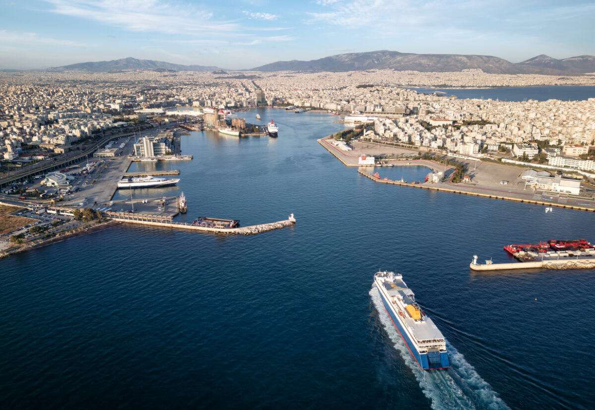 Aerial view of the Piraeus harbour and district at Athens, Greece, hub for tourists and ferry boats