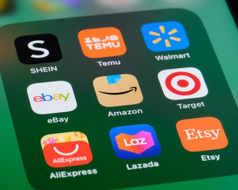 Shanghai,China Amazon, eBay, SHEIN, Temu, Walmart, AliExpress, Lazada, Target and Etsy app icon on screen. Assorted e-commerce company and brand logo