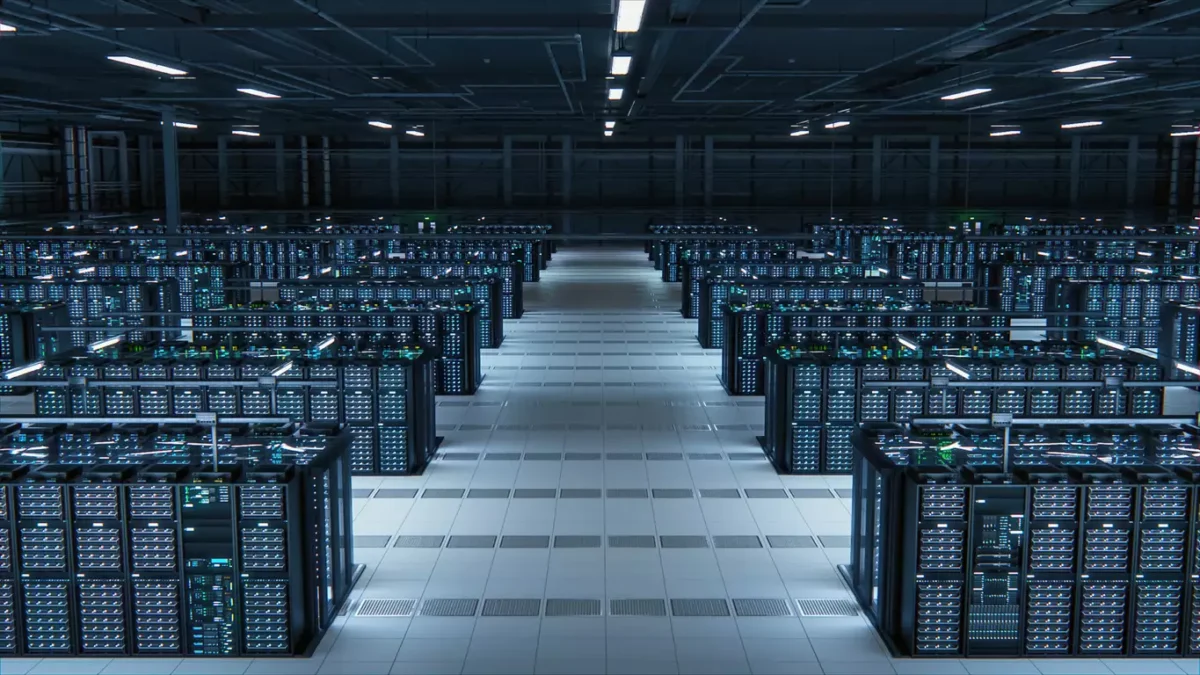 Shot of Data Center With Multiple Rows of Fully Operational Server Racks