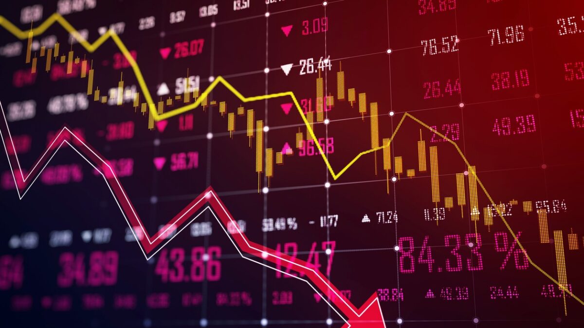 A digital stock market chart with a declining trend line on a dark screen, showing a downturn concept with red and yellow elements. 3D Rendering