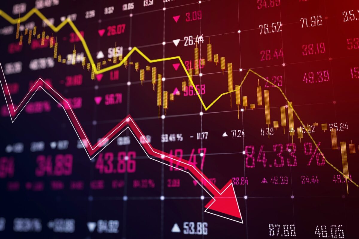 A digital stock market chart with a declining trend line on a dark screen, showing a downturn concept with red and yellow elements. 3D Rendering
