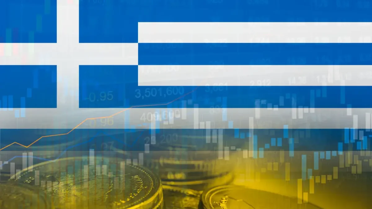 Stock market investment trading financial, coin and Greece flag or Forex for analyze profit finance business trend data background.