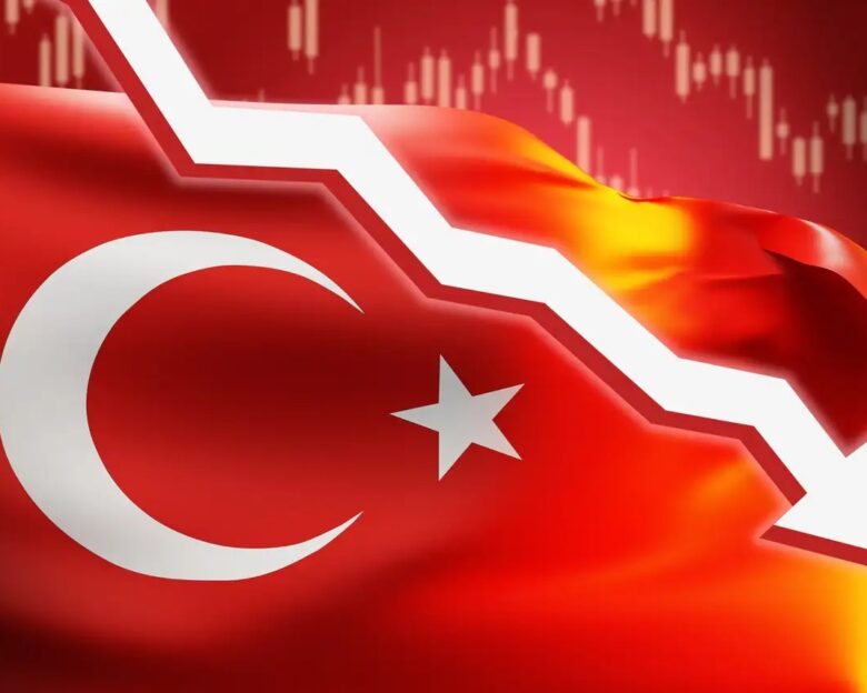 Turkey Financial crisis. Turkish currency fall. Devaluation of the Turkish lira. Down arrow on the background of the Turkish flag. Financial collapse in Turkey. Turkey stock market fall. 3d image