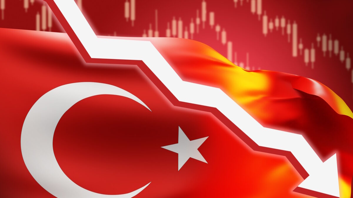 Turkey Financial crisis. Turkish currency fall. Devaluation of the Turkish lira. Down arrow on the background of the Turkish flag. Financial collapse in Turkey. Turkey stock market fall. 3d image