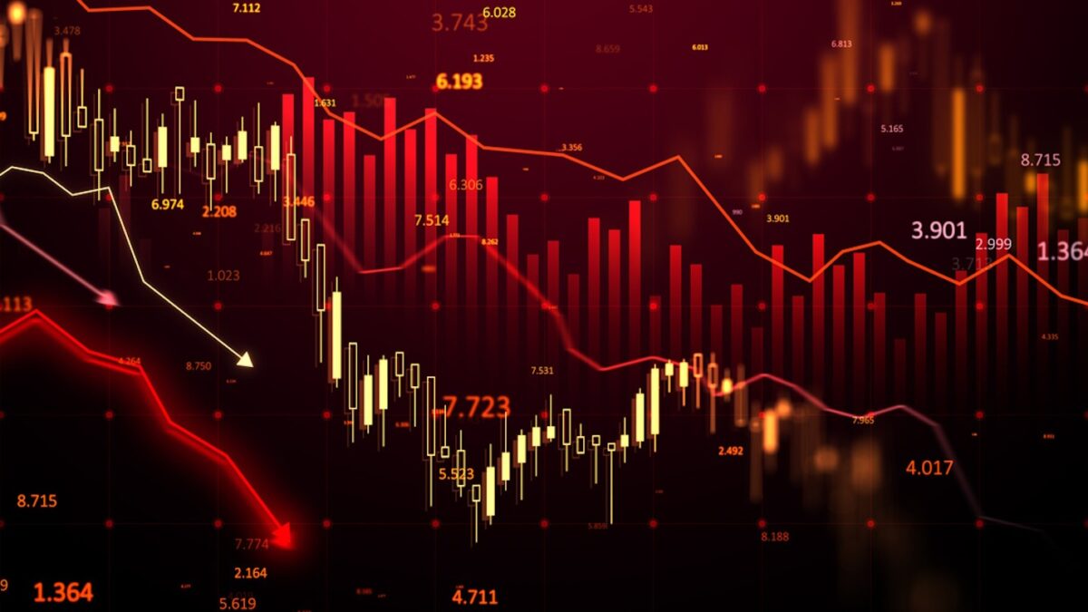 Financial chart with red candlesticks and arrows, glowing numbers, and a dark gradient background. Concept of a stock market crisis. 3D Rendering.
