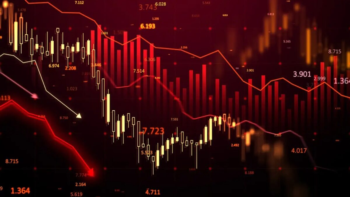 Financial chart with red candlesticks and arrows, glowing numbers, and a dark gradient background. Concept of a stock market crisis. 3D Rendering.