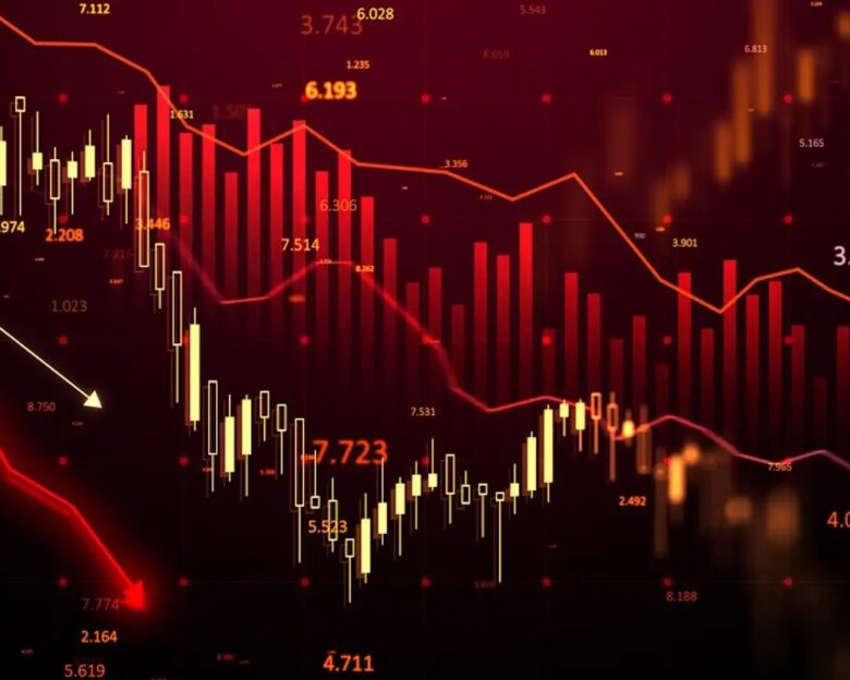 Financial chart with red candlesticks and arrows, glowing numbers, and a dark gradient background. Concept of a stock market crisis. 3D Rendering.