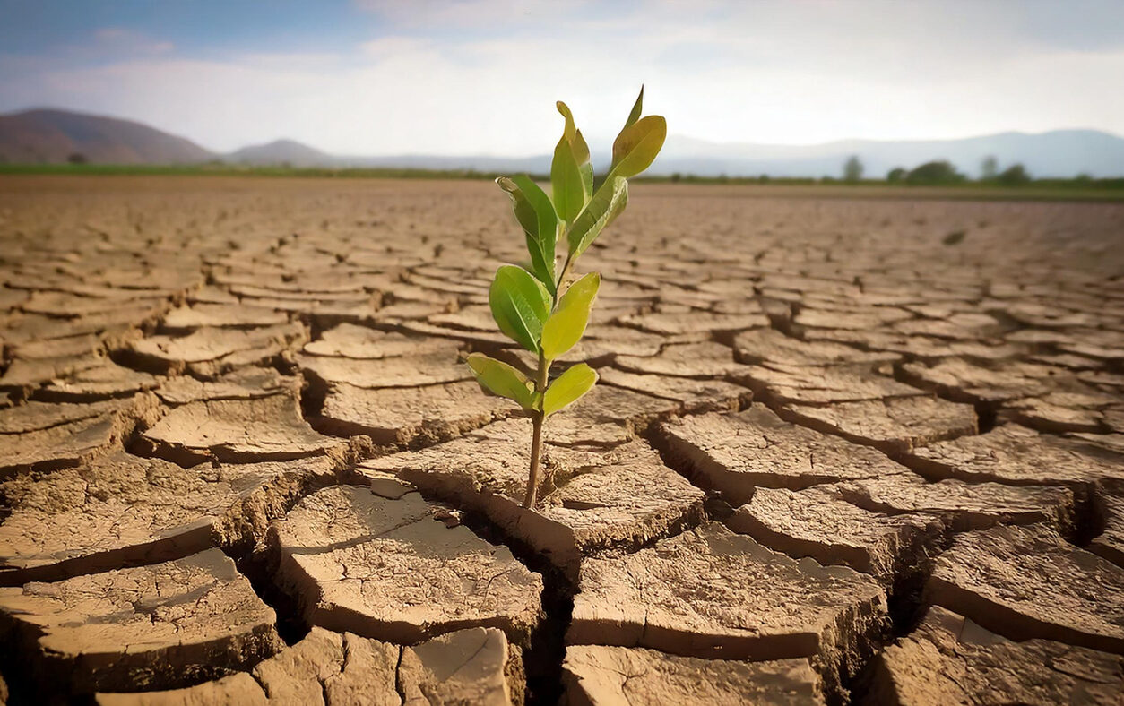 Close-up of a new shoot of plant in dry cracked clay mud in dried up lake bed / riverbed during drought in summer in hot weather temperatures