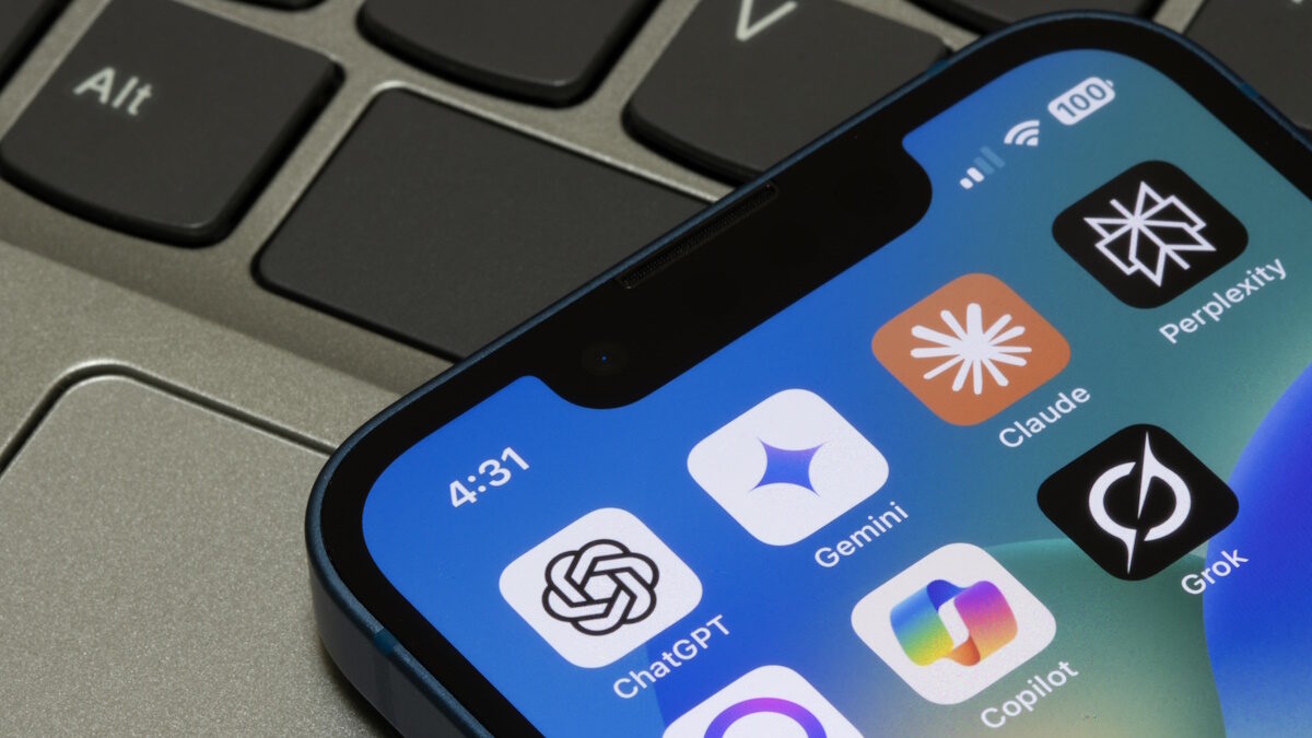 Portland, OR, USA - May 2, 2025: Assorted AI apps, including ChatGPT, Gemini, Claude, Perplexity, Meta AI, Microsoft Copilot, and Grok, are seen on the screen of an iPhone.