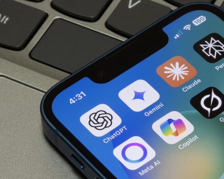Portland, OR, USA - May 2, 2025: Assorted AI apps, including ChatGPT, Gemini, Claude, Perplexity, Meta AI, Microsoft Copilot, and Grok, are seen on the screen of an iPhone.