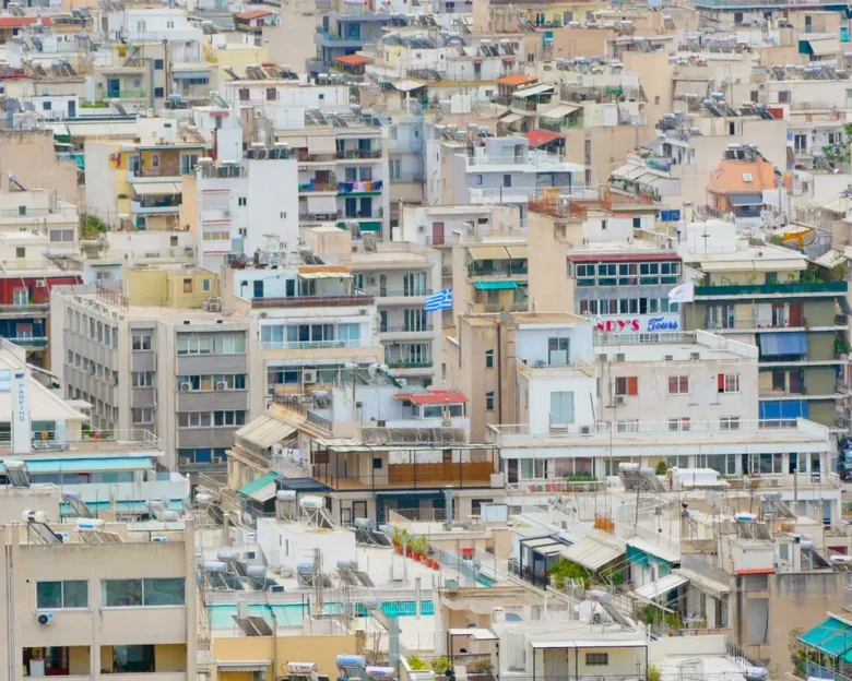 Panoramic view of Athens. Landscape from the observation deck of the Acropolis. View of the city with residential buildings, urban metropolis. Urban concept background