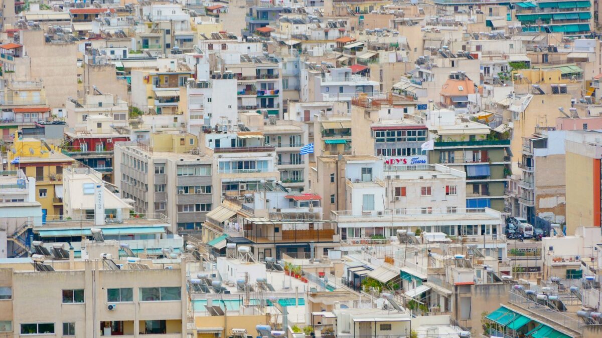 Panoramic view of Athens. Landscape from the observation deck of the Acropolis. View of the city with residential buildings, urban metropolis. Urban concept background