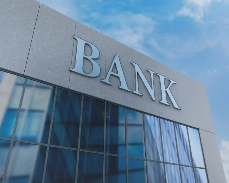 Modern Bank Building Exterior With Reflective Glass Facade. 3D Render