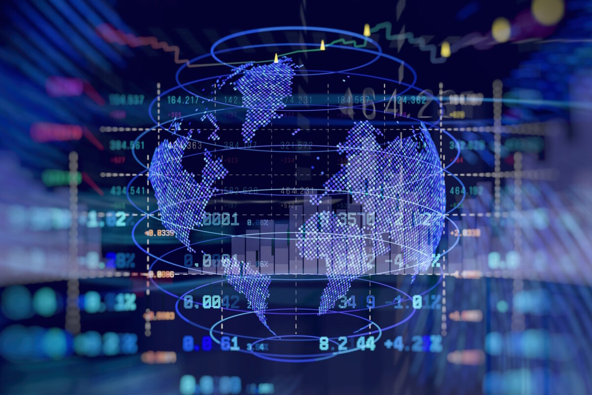 High-tech abstract background global financial market interface with world map and digital candlestick chart overlay. Concept for international economics, blockchain and cryptocurrency trading