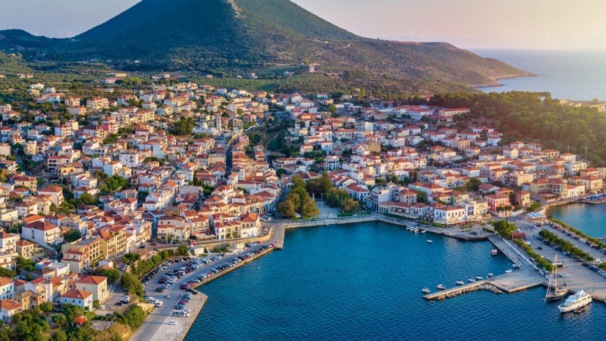 Aerial sunset view of the town of Pylos, Navarino Coast, Peloponnese, Greece