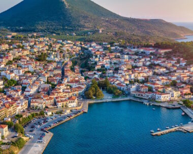 Aerial sunset view of the town of Pylos, Navarino Coast, Peloponnese, Greece