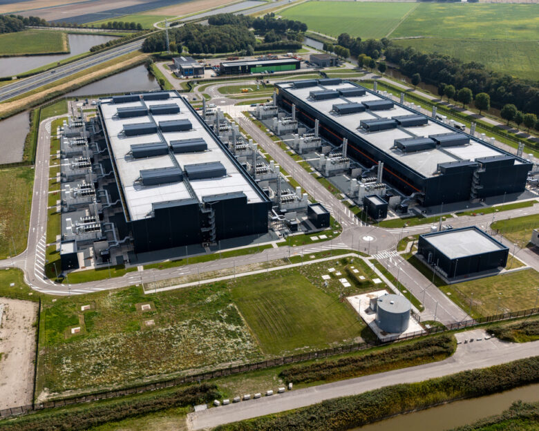 Aerial drone photo of Microsoft data centers in Middenmeer, Netherlands, surrounded by farmland, September 1, 2025.
