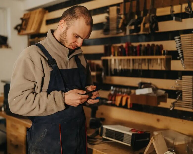 A male woodworker wearing overalls examines his phone while standing at a busy workshop bench. He checks references and measurements surrounded by hand tools, clamps and wood materials.
