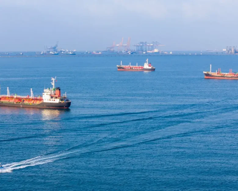 LPG gas and oil tanker ships anchored in the ocean, with a fast patrol boat in the foreground. Global energy transport, war energy crisis, and Strait of Hormuz blockade concept.
