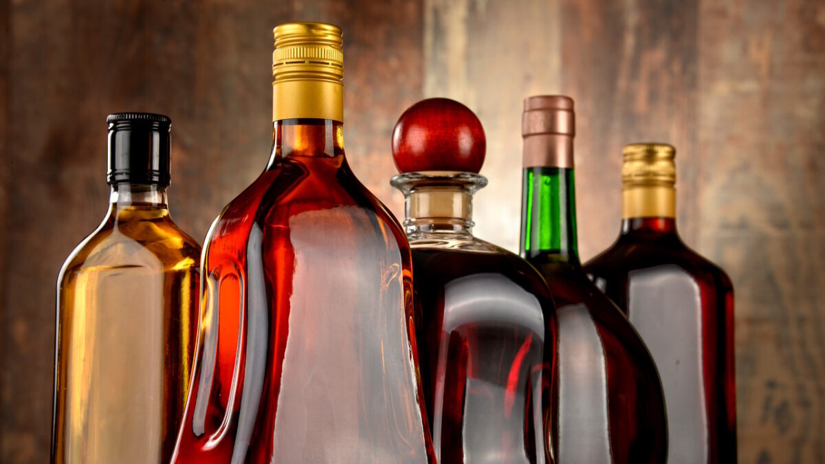 Bottles of assorted alcoholic beverages.
