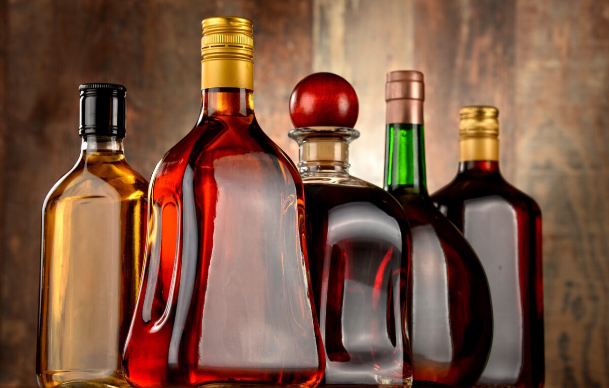 Bottles of assorted alcoholic beverages.