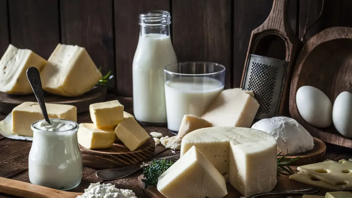 Dairy products assortment shot on rustic wooden table. Dairy products included are milk, yogurt, butter, goat cheese, mozzarella, ricotta, Parmesan cheese, emmental cheese, eggs and hard cheese