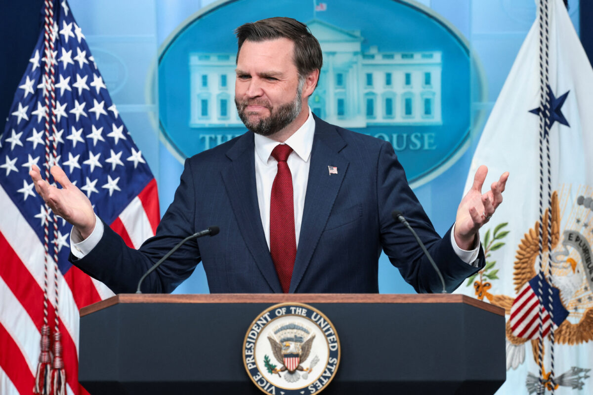 U.S. Vice President JD Vance holds a press briefing, the first since Karoline Leavitt stepped down as press secretary, at the White House, in Washington, D.C., U.S., September 3, 2026. REUTERS