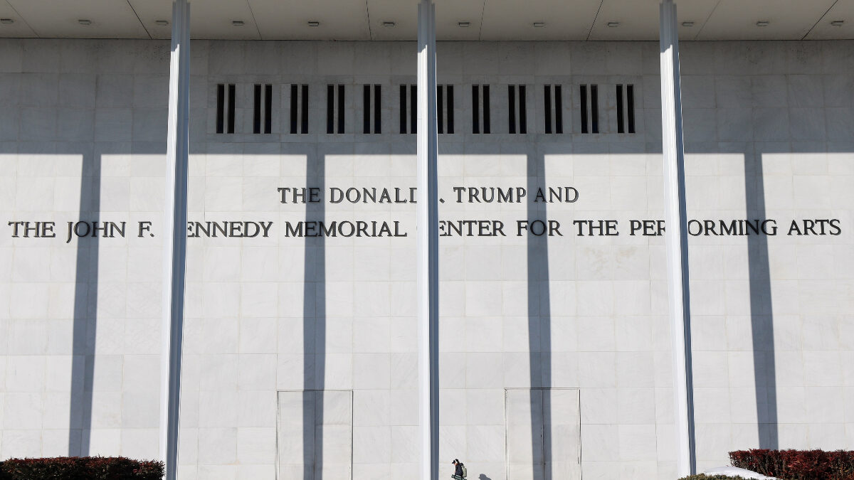 FILE - A woman walks outside The John F. Kennedy Memorial Center for the Performing Arts, Feb. 2, 2026 in Washington.