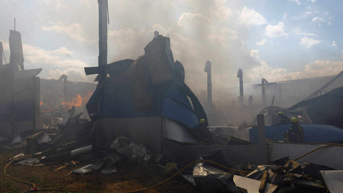 Firefighters work at the site of a warehouse hit by a Russian drone strike in the town of Brovary, amid Russia's attack on Ukraine, in Kyiv region, Ukraine September 4, 2026. REUTERS