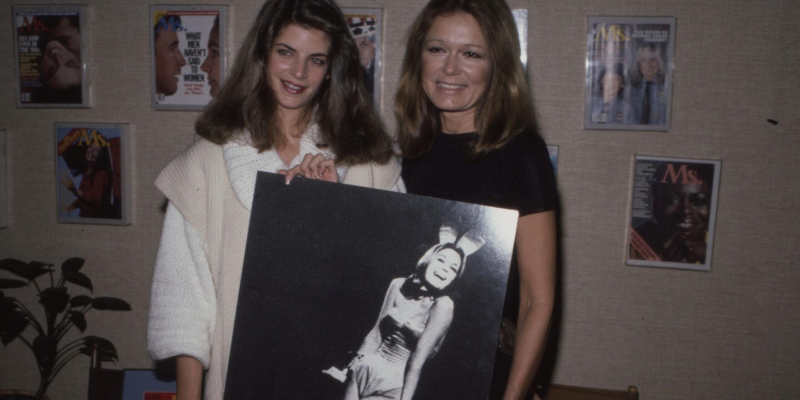 Unspecified - 1985: (L-R) Kirstie Alley, Gloria Steinem, behind the scenes, making of the ABC tv movie 'A Bunny's Tale', about the Playboy Club and Playboy Bunnies. (Photo by Donna Svennevik