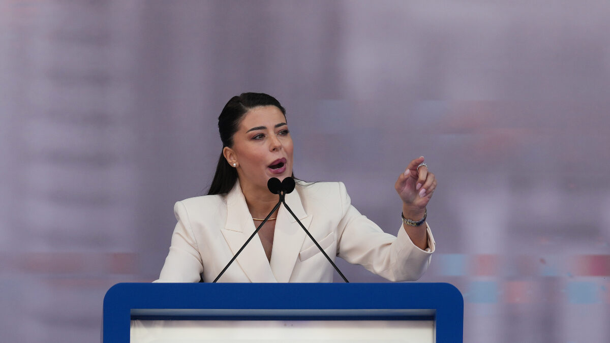 Greek politician Afroditi Latinopoulou delivers her speech during the "Without Fear in Europe, Masters in Our Home" rally organised by the center-right government coalition party The League in Milan, Italy, Saturday, April 18, 2026.