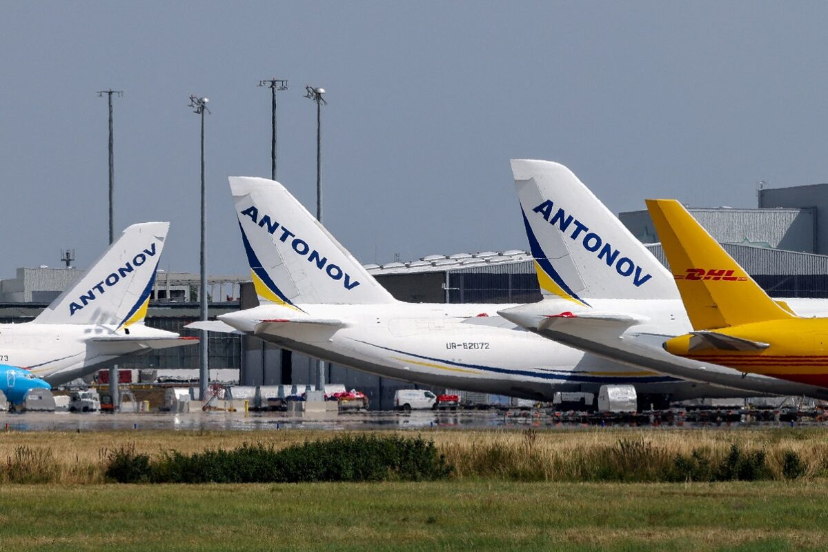 FILE PHOTO: The empennages of a DHL cargo plane and Ukrainian Antonov cargo planes at Leipzig
