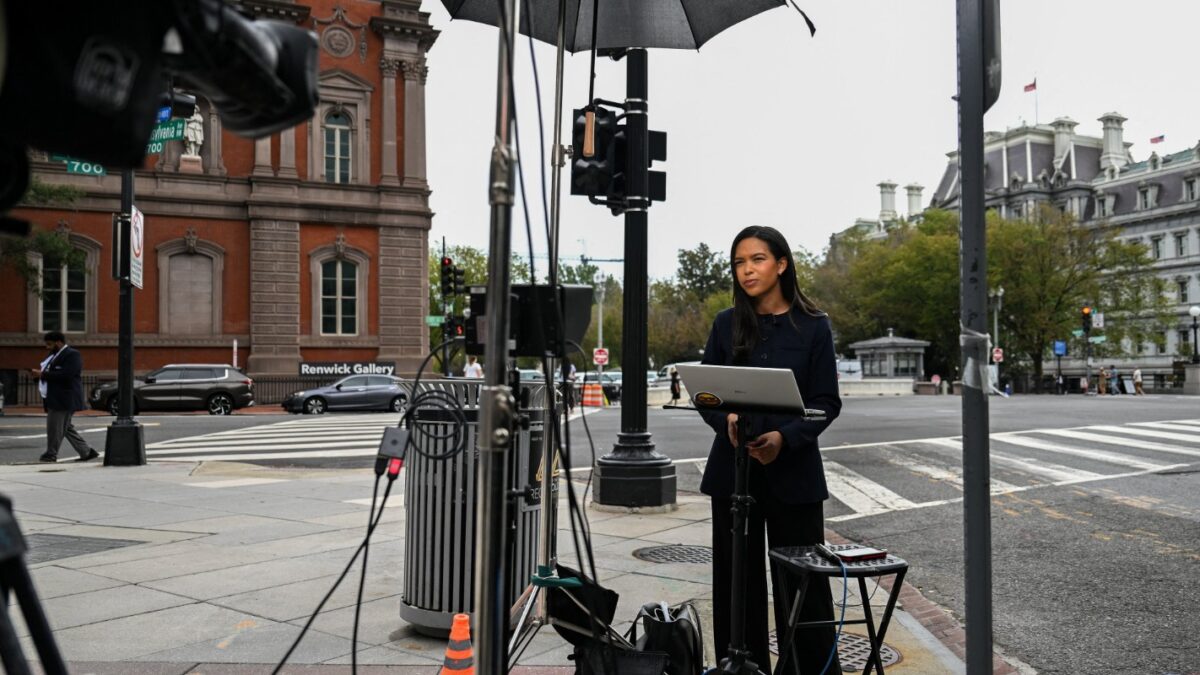 MS Now correspondent Akayla Gardner reports outside the White House grounds after President Donald Trump banned MS Now, CNN, and Politico in a Truth Social post, in Washington, D.C., US, September 20, 2026. REUTERS/Annabelle Gordon