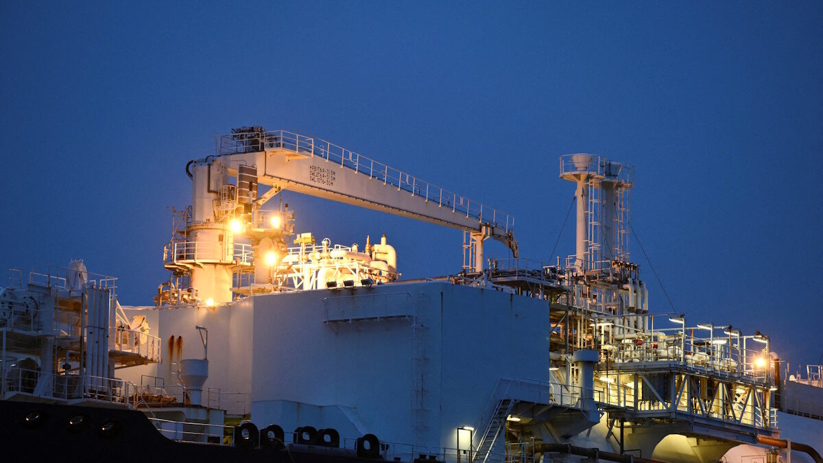 FILE PHOTO: A general view shows a special ship, "Neptune", the floating liquefied natural gas terminal, during the inauguration of the Liquefied Natural Gas (LNG) terminal 'Deutsche Ostsee' in the port of Lubmin, Germany January 14, 2023.
