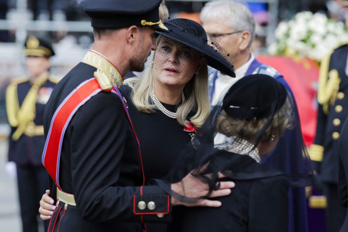 Norway's Queen Sonja, King Haakon, and Queen Mette-Marit arrive at the funeral ceremony of Norway's King Harald at Oslo Cathedral, in Oslo, Norway, September 9, 2026. NTB