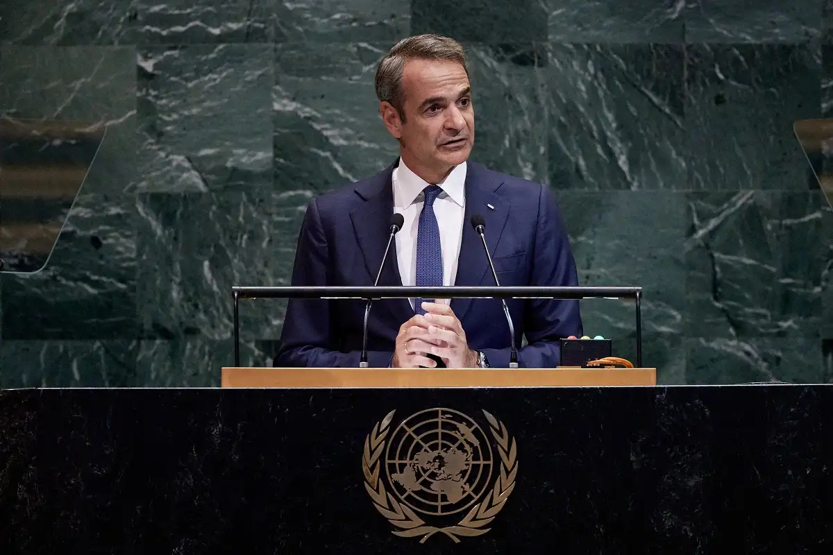 Ο Έλληνας πρωθυπουργός, Κυριάκος Μητσοτάκης στο βήμα της Γενικής Συνέλευσης του ΟΗΕ