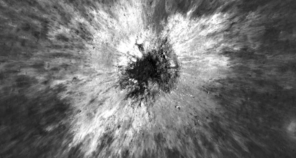 This combination of photos made by NASA's Lunar Reconnaissance Orbiter shows the same area on the surface of the moon before and after a newly-discovered crater in May 2024. (NASA/Goddard Space Flight Center/Intuitive Machines via AP)