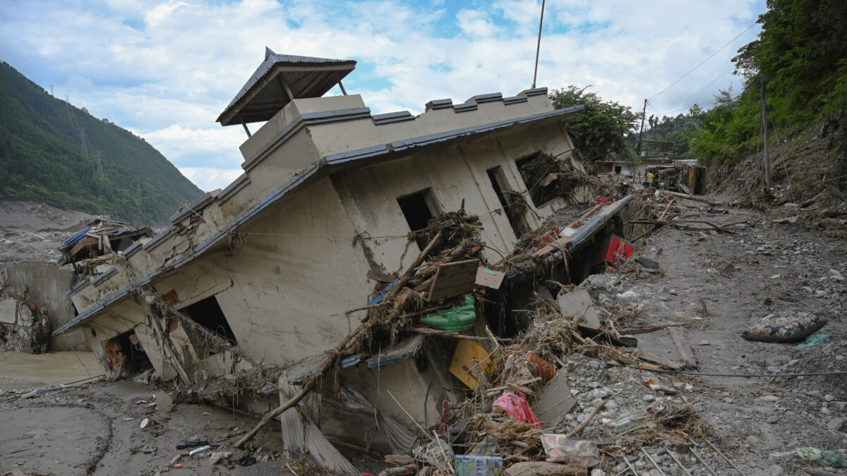 Damaged buildings near Trishuli River following deadly flash floods and a mudslide, in Betrawati Bazaar in Rasuwa district, Nepal, August 30, 2026. REUTERS/Stringer
