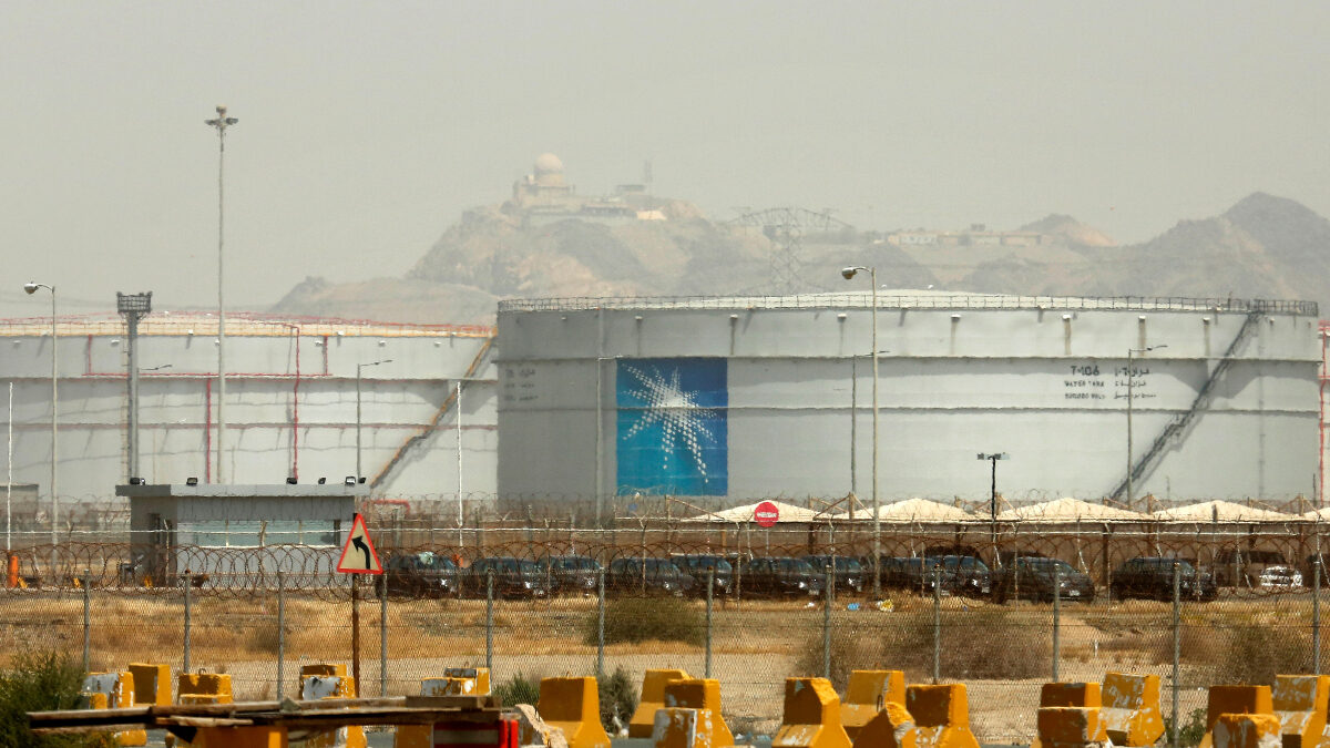 FILE - Storage tanks are seen at the North Jeddah bulk plant, an Aramco oil facility, in Jeddah, Saudi Arabia, on March 21, 2021.