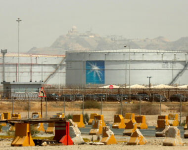 FILE - Storage tanks are seen at the North Jeddah bulk plant, an Aramco oil facility, in Jeddah, Saudi Arabia, on March 21, 2021.
