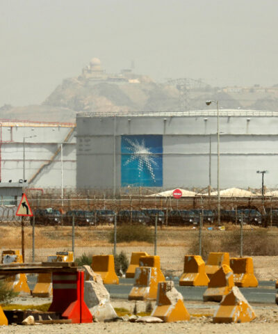 FILE - Storage tanks are seen at the North Jeddah bulk plant, an Aramco oil facility, in Jeddah, Saudi Arabia, on March 21, 2021.