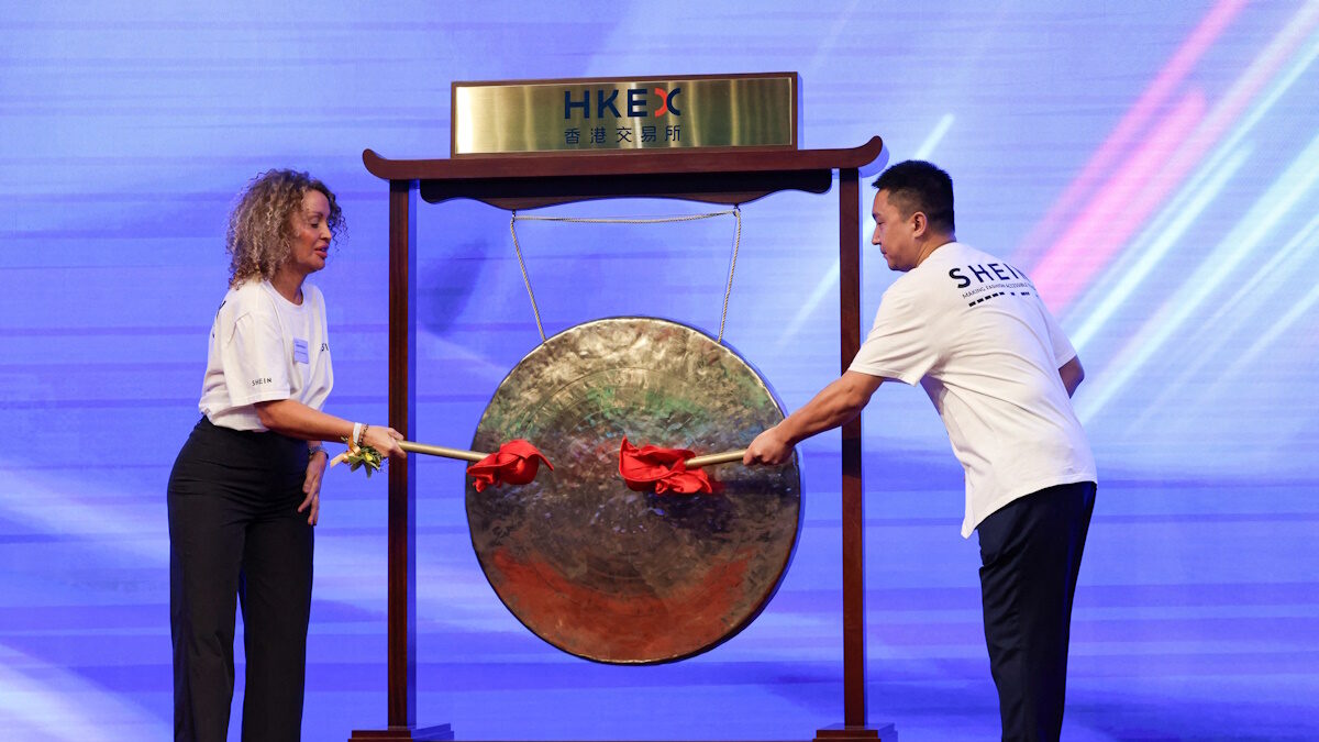 Shein representatives strike a ceremonial drum during the listing ceremony of online retailer Shein at the Hong Kong Stock Exchange, in Hong Kong, China, September 1, 2026