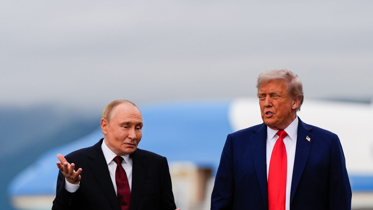 FILE - President Donald Trump Russia's President Vladimir Putin talk, Aug. 15, 2025, at Joint Base Elmendorf-Richardson, Alaska.